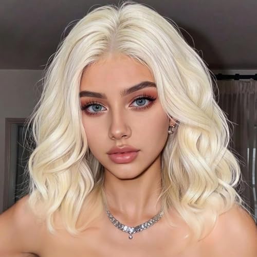 AISI HAIR 14 Inch Platinum Wigs for Women - Shoulder Length Wave Wig with Pre-Cut Lace Hairline, Middle Part Natural Wavy Bob Synthetic Heat Resistant Fiber for Daily and Party