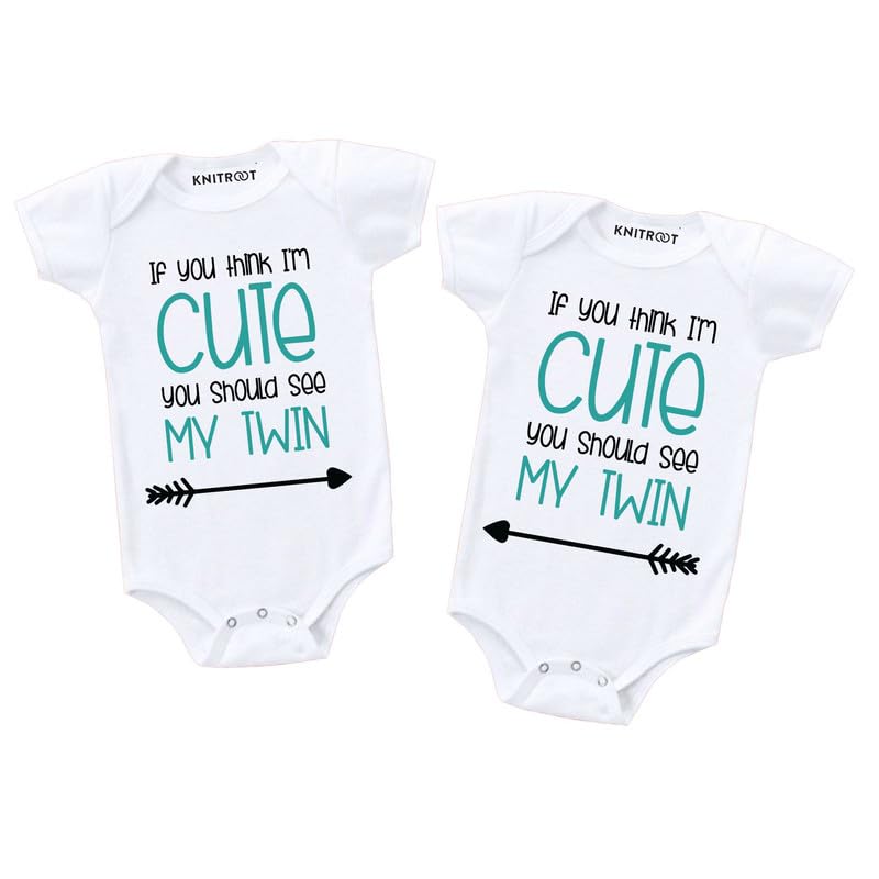 Twins Romper, Unisex Baby Kids Onesies, Half Sleeve Bottom Snap Button, White Cotton Bodysuit, Sleepsuit, If You Think I'm Cute You Should See My Twin, 0-3 Months, for Baby Boys & Girls