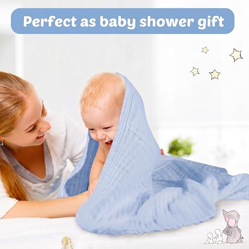 Image of Chumia 6 Pack Baby Muslin Bath Towels Bulk 43.3 x 43.3 Inch 6 Layer Soft Cotton Swaddle Receiving Blankets Breathable Quick Dry for Newborn Infant Toddler, Baby Shower Registry Gifts(Blue and White)
