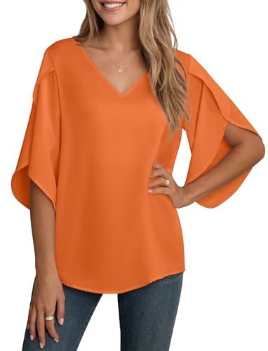 YGJIEGENG Blusa De Verano Mujer Camisa Elegantes de Manga 3/4 con Cuello en V Casual Chiffon Manga Corta Naranja XXL