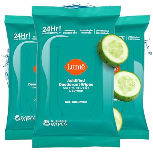 Lume Acidified Deodorant Wipes - 24 Hour Odor Control - Aluminum Free, Baking Soda Free, Skin Loving - 45 Count (Pack of 3) (Cool Cucumber)