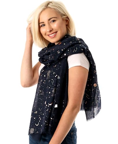 Image of Style Slice Evening Star Sparkle Scarves for Women Lightweight Shawl Wedding Foil Print Scarf Wrap Stars and Moons