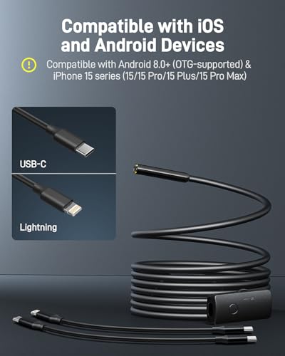 Image of Anykit Endoscope Camera with Light, 1920P HD Borescope with 8 Adjustable LED Lights, Semi-Rigid Snake Camera with Light, IP67 Waterproof Inspection Cam for iPhone & Android, 9.8 ft Single Lens