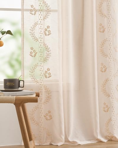 Image of jinchan Floral Linen Curtains, Back Tab 50x63 Inch, 2 Panels Beige