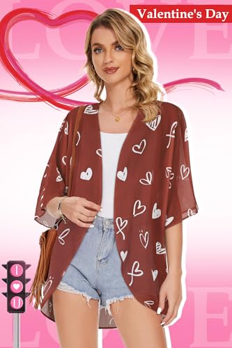 Image of Women's Valentine's Day Puff Sleeve Kimono Cardigan Loose Cover Up Casual Blouse Tops (White Red Heart,M)