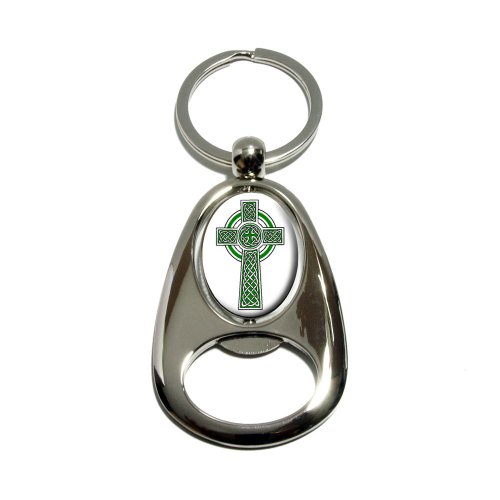 Celtic Christian Cross - Irish Ireland Scotland Scottish - Green White - Chrome Plated Metal Spinning Oval Design Bottle Opener Keychain Key Ring