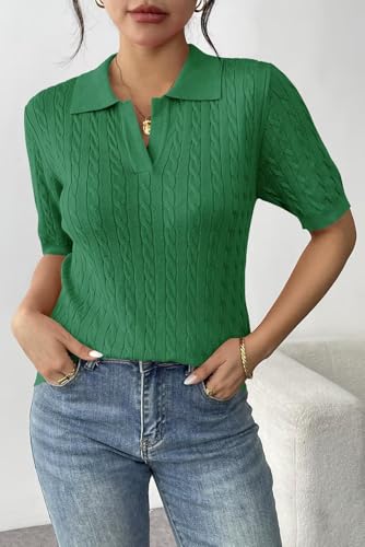 LACOZY Women's Cardigans Lightweight Casual Short Sleeve Summer Breathable Polo Neck Knit Top Green - Image 3