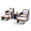 OC Orange-Casual 5 Pcs Patio Conversation Set Balcony Furniture Set with Cushions, Brown Wicker Chair with Ottoman, Storage Table for Backyard, Garden, Porch, Beige