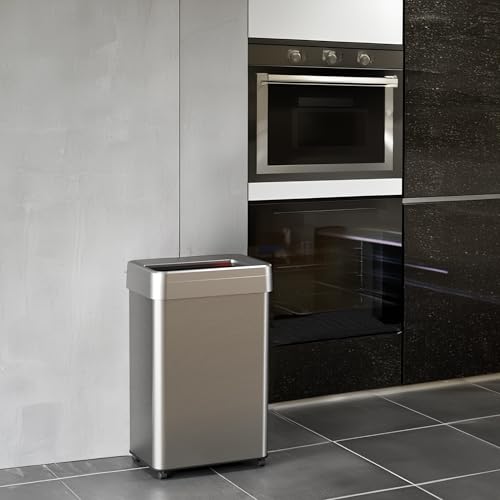 Image of iTouchless 16 Gallon Open Top Kitchen Trash Can Recycling Bin with Wheels and Double Odor Filters Rectangular Commercial Stainless Steel 60 Liter Trashcan Home Office Work Bedroom Livingroom Garage