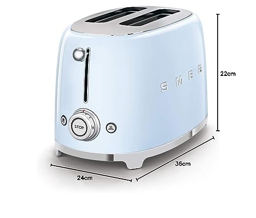 Image of Smeg Toaster, 2 Wide Slot, Original Italian Brand, Patented Smeg Pastel Blue, Auto Center for Even Browning, Smart Crumb Tray Drawer, Multi-Use: Defrost, Reheat & Bagel, 6 Toast Level, 950W,TSF01PBEU