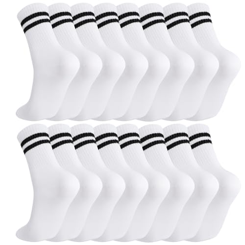 Zuimei 8 Pairs Striped Crew Socks Multipack White Sports Running Socks for Men Women, Soft Breathable Athletic Sock for Work School Casual Walking, Black Stripes