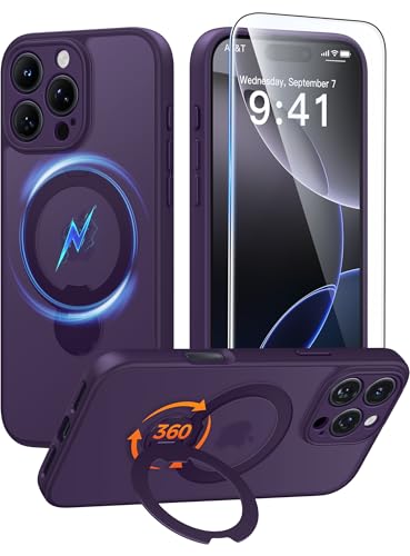 Image of FNTCASE for iPhone 16 Pro-Max Case: [360 Spin Magnetic Stand] [Compatible with Magsafe] [Screen Protector] Translucent Matte Military Grade Shockproof Full Camera Protective Phone Cover - Purple