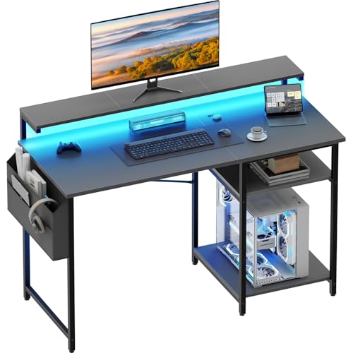 HLONONE Escritorio de ordenador con LED y soporte para monitor, mesa de PC con 2 estantes y bolsa de almacenamiento para estudio y dormitorio, 120 x 48 x 74 cm, estructura de metal resistente, color