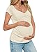 Tankaneo Womens V Neck Maternity Tops Cap Sleeve Fitted Breastfeeding T Shirts Summer Pleated Pregnancy Clothes Beige