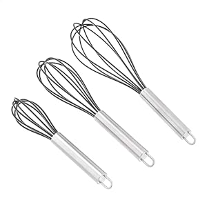 Amazon Basics Stainless Steel and Silicone Non-Stick Coated Whisk Set, 8″, 10″, and 12″, Pack of 3, Black (Previously AmazonCommercial brand)