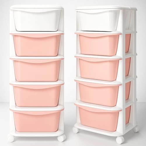 SPRINGOS Étagère en plastique à roulettes avec 5 tiroirs, organisateur pour jouets et chambre d'enfant, couleurs pastel, sûr et pratique