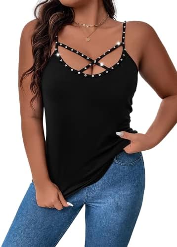 WDIRARA Women's Plus Size Rhinestone Crisscross Spaghetti Strap Cami Top Black 3XL