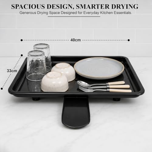 Image of JD FRESH Dish Drainer Tray with Water Drain Spout /BPA-Free Plastic Utensil Drying Tray /Countertop Kitchen Sink Organizer with Wheels /Multipurpose Drying Stand for Kitchen (12 x 17 Inch, Black)