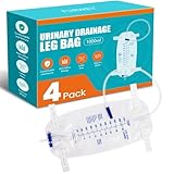 FURWEY 4 Pack 1000ml Catheter Bags with 18” Drainage Tube,Anti Reflux Valve,Large Capacity Urine Leg Catheter with Two Latex-Free Straps, Easy Flip Drain, Urinary Catheter for Men, Women