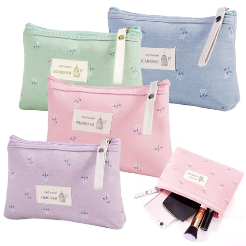 Canvas Kosmetiktasche Set, 4 Stück Mini Tragbare Kulturbeutel 17×3×12cm für Damen, Toilettenartikel in Grün, Lila, Rosa, Blau