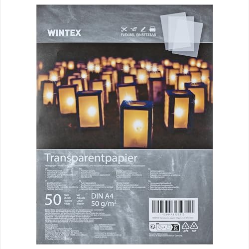 WINTEX Papel transparente impresora A4 - Set de 50x láminas de papel cebolla de 50 g/m² - Papel manualidades plantillas para calcar - Hojas de color blanco tránlucido