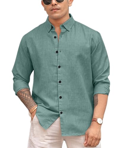 Image of Men's Solid Linen Blend Cotton Shirt | Full Sleeve Plain Shirt for Men | Regular Fit Casual & Formal Wear
