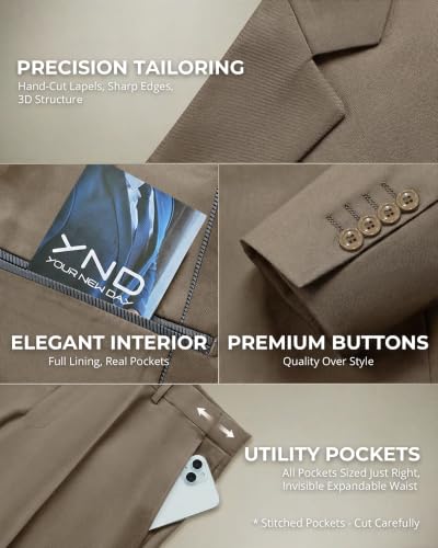 Image of YND Men's 3 Piece Suit with Tie, Solid Color Slim Fit Jacket Vest and Pants