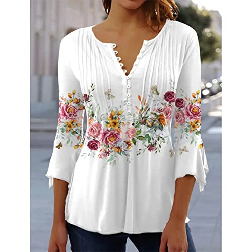 Blusa Feminina Com Decote Em V, Manga 3/4 Apertada na Cintura Elegante Blusa Feminina Com Botões Man