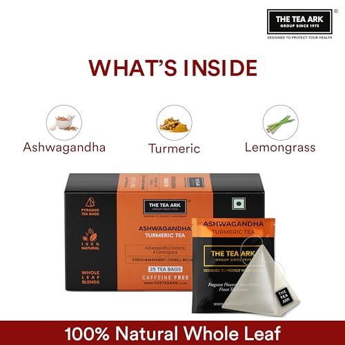 Image of The Tea Ark Ashwagandha Tea Bags (25 Count) | Turmeric with Lemongrass Herbal Tea | Caffeine free Herbal Tea | Individually Wrapped Pyramid Tea Bags (25 Tea Bags)