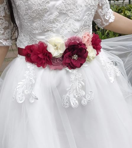 Maternity Flower Sash Belt Wine Red,Flower Sash for Pregnancy, Burgundy Belts Women for Dress4