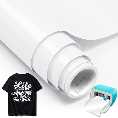 White Smart Iron On for Cricut Joy, 14 x 200 cm Plotter Film Textile Smart Heat Transfer Vinyl Rolls, Flex Film Plotter Textiles for Iron-on Works without Cutting Mat for DIY T-Shirts, Hoodie, Fabrics