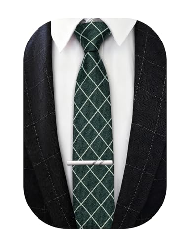Image of Barry.Wang Skinny Ties for Men Wool Blend Herringbone Necktie with Tie Clip | Tie and Tie Clip Set, Cashmere Wool Stripe, 2.76 x 63 Inches, Extra Long Slim, Wedding Work Party Classic