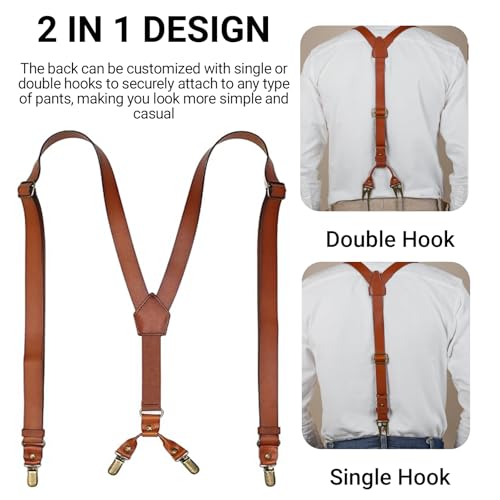 Image of Leather Suspenders for Men Y Back Design Adjustable Suspender with 4 Metal Clips Groomsmen Gift Wedding Brown