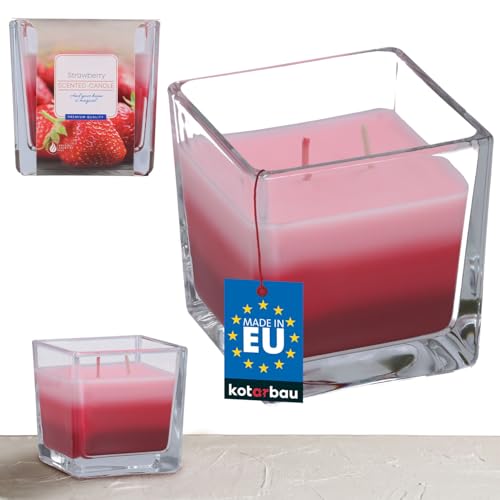 KOTARBAU® Vela perfumada en frasco de cristal Aroma agradable Velas decorativas Vela en vaso de cristal Vela aromática Duración 32 h Aroma a fresa Vela tricolor con 2 mecha Idea de regalo