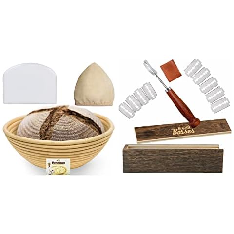 Bread Bosses 9 Inch Round Banneton Proofing Basket and Bread Bakers Lame Slashing Tool - Great as a Gift Cover
