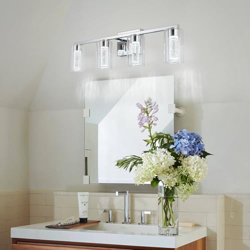 Image of Bathroom Vanity Light Fixture, 4 Lights Wall Lights for Mirror, Modern Wall Vanity Light with Clear Glass Shade, LED 6000K Dimmable, Chrome, 20W, Lenght 27 Inch