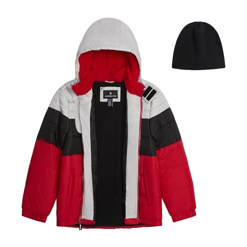 Image of LONDON FOG Boys' Heavyweight Hooded Puffer Jacket with Sherpa-Lined Hood & Fleece Beanie