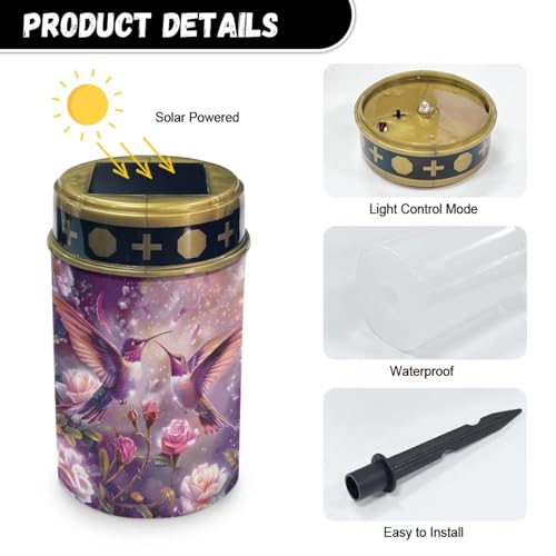 Image of Hummingbird Purple Rose Cemetery Solar Lights Water Resistant LED Flameless Candle Grave Lights Solar Powered Grave Decor Light for Prayer 2 Pcs