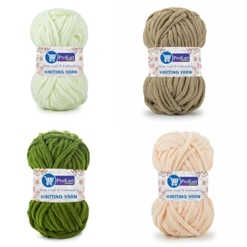 Image of ProKart - Blankie Plush & Cuddly Chenille Yarn for Knitting & Crochet | Super Soft Velvet Pastel Yarn for Blankets, Baby Toys & DIY Crafts | 100g, Pack of 4 (Beige, Brown, Dark Green, Off White)