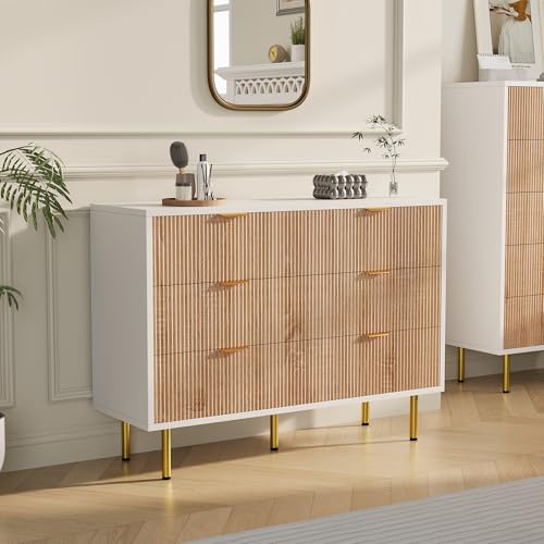 Aneutr Cómoda con 5 cajones, aparador de madera, moderno, armario de cocina con asas de metal, para cocina, comedor, salón, pasillo (blanco+madera natural, 100 x 34 x 73 cm)