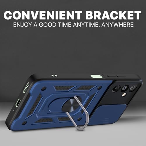 Image of Amazon Basics Back Cover for Samsung Galaxy M16 5G | 360 Protection Case | Sliding Camera Sheild Cover & Ring Holder Stand D10 Tough Armor Bumper Case (Blue)