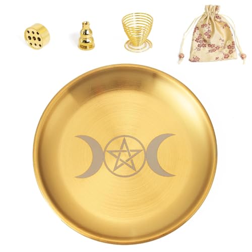 BEYLAB Triple Goddess Brass 5 in 1 Incense Holder with Storage Bag 14cm Incense Bowl for Any Incense Sticks, Palo Santo Holder, White Sage, Cones - Gold Set