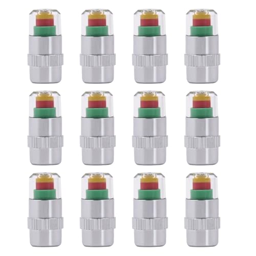 ZIMISI 12PCS Car Tire Pressure Monitor Valve Stem Caps, 2.4Bar 36PSI Tire Pressure Monitoring Caps, 3-Color Eye Alert Valve Stem Caps Sensor Indicator for Cars, SUVs, Trucks, Motorcycles (Silver)
