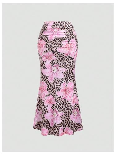 SOLY HUX Women's Leopard Floral Maxi Skirt Cheetah Print Ruched Fishtail Bodycon Long Skirts2