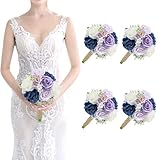 Artificial Bridesmaids Bouquets Set of 4 - 7 Inch Wedding Bouquet Flowers for Bridesmaid Real Touch Small Floral Bouquets Bridal Shower Party Centerpieces Ceremony Anniversary - Navy Blue and Lilac