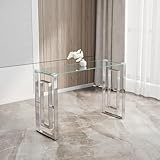 HomVent Silver Glass Console Table Narrow Sofa Table with Tempered Glass Top and Stainless Steel Legs for Entryway, Living Room (Silver)