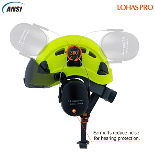 LOHASPRO Arborist Forestry Helmet Safety Hard Hat with Visor and Ear Muffs for Tree Service Logging Cutting Wood Chainsaw Helmet Garden Work Trimming Mowing(P91 Lime+Smoked Visor+Earmuff)