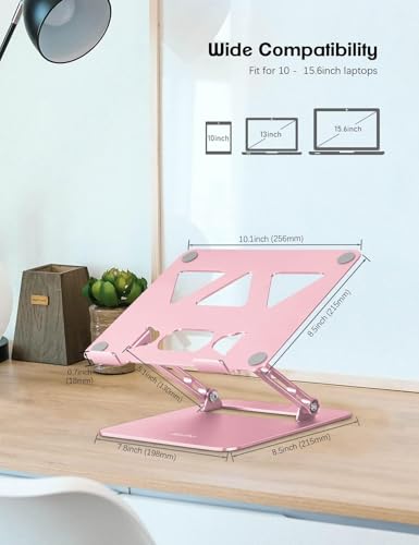 Image of Aoviho Laptop Stand Holder, Adjustable Desk Laptop Riser, Foldable Notebook Computer Stands for MacBook Air Pro HP Lenovo Dell Samsung Chromebook, Up to 15.6 inch, Rose Gold