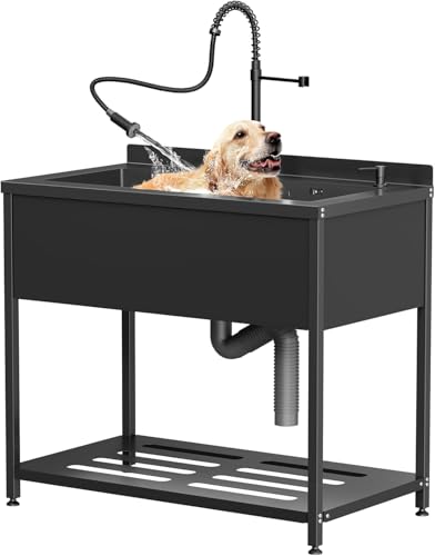 Stainless Steel Large Utility Sink, 41.7' × 23.2' × 38.9' Freestanding Sink with Cold and Hot Water Faucet,Hoses and Drain Kit,Freestanding Laundry Sink, for Kitchens, Bathrooms, Garage, Laundry Room