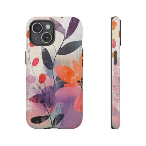 Coque iPhone 15 rigide mate orange fleurie pour éviter les traces de doigts